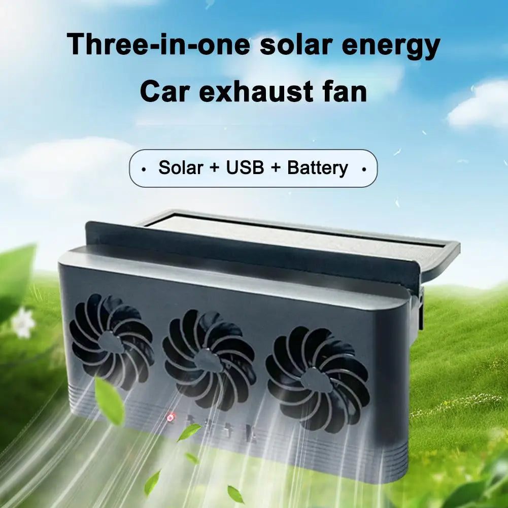 Solar Powered Car Window Ventilation Fan | 3-Head USB Rechargeable Auto Cooler