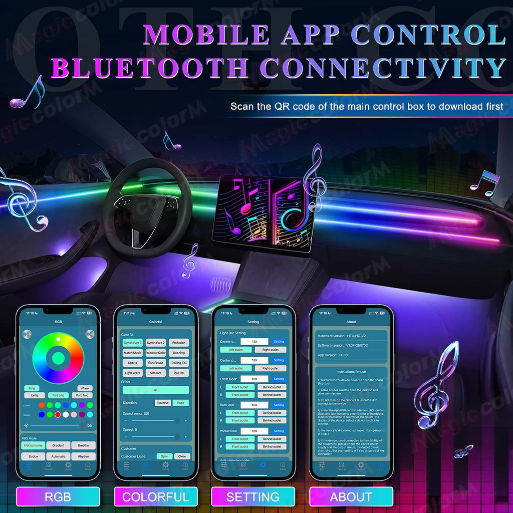 18-in-1 RGB Car Ambient Light Kit – 64 Colors, Bluetooth App Control, Symphony Streamer Interior LED Strips