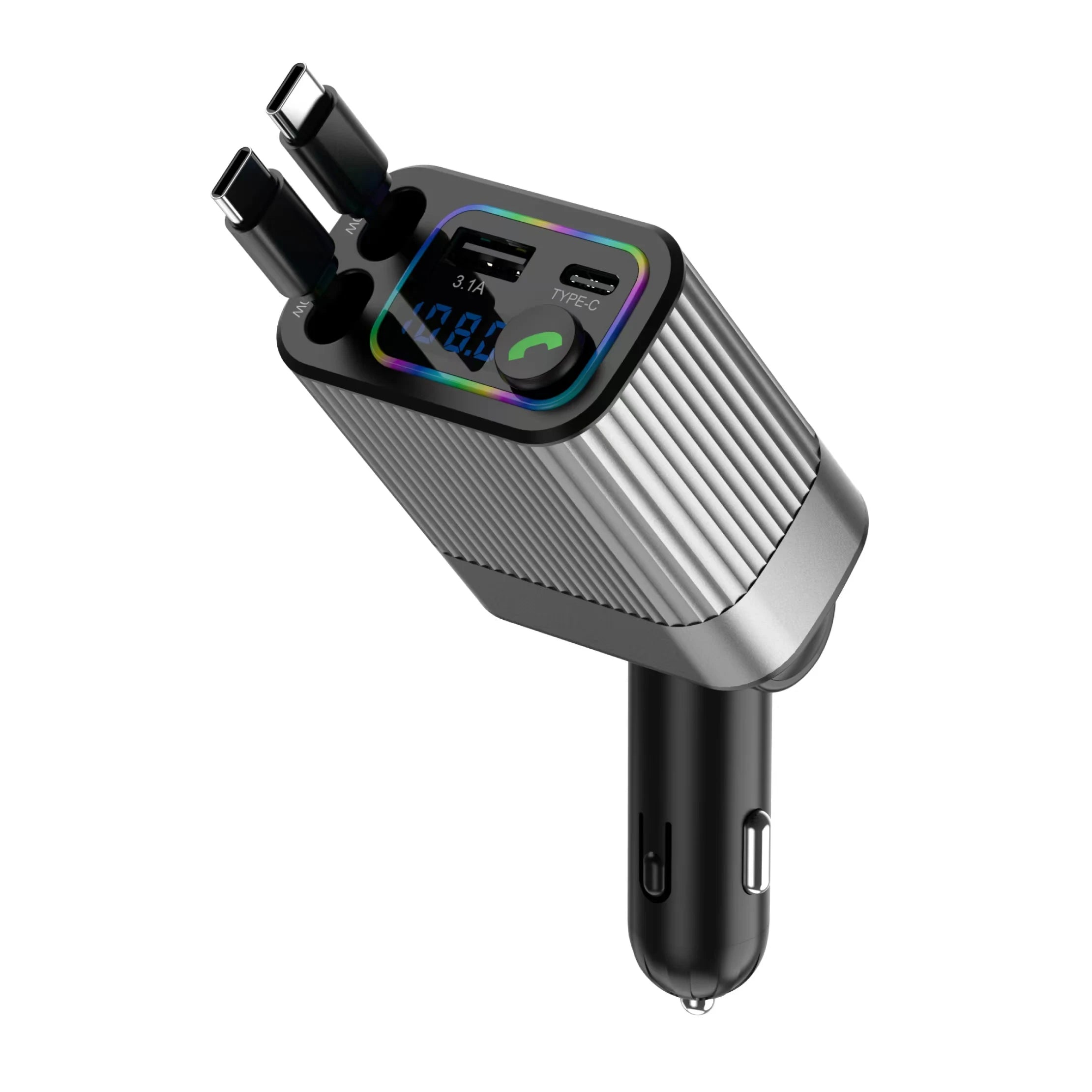 Car Bluetooth 5.3 FM Transmitter | Dual Type-C Fast Charge, Handsfree Calling & Ambient Light