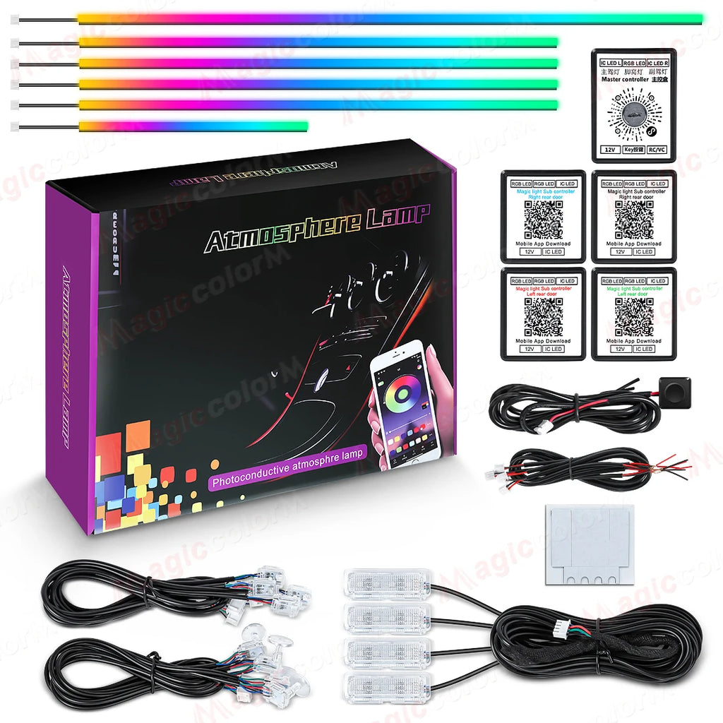 18-in-1 RGB Car Ambient Light Kit – 64 Colors, Bluetooth App Control, Symphony Streamer Interior LED Strips