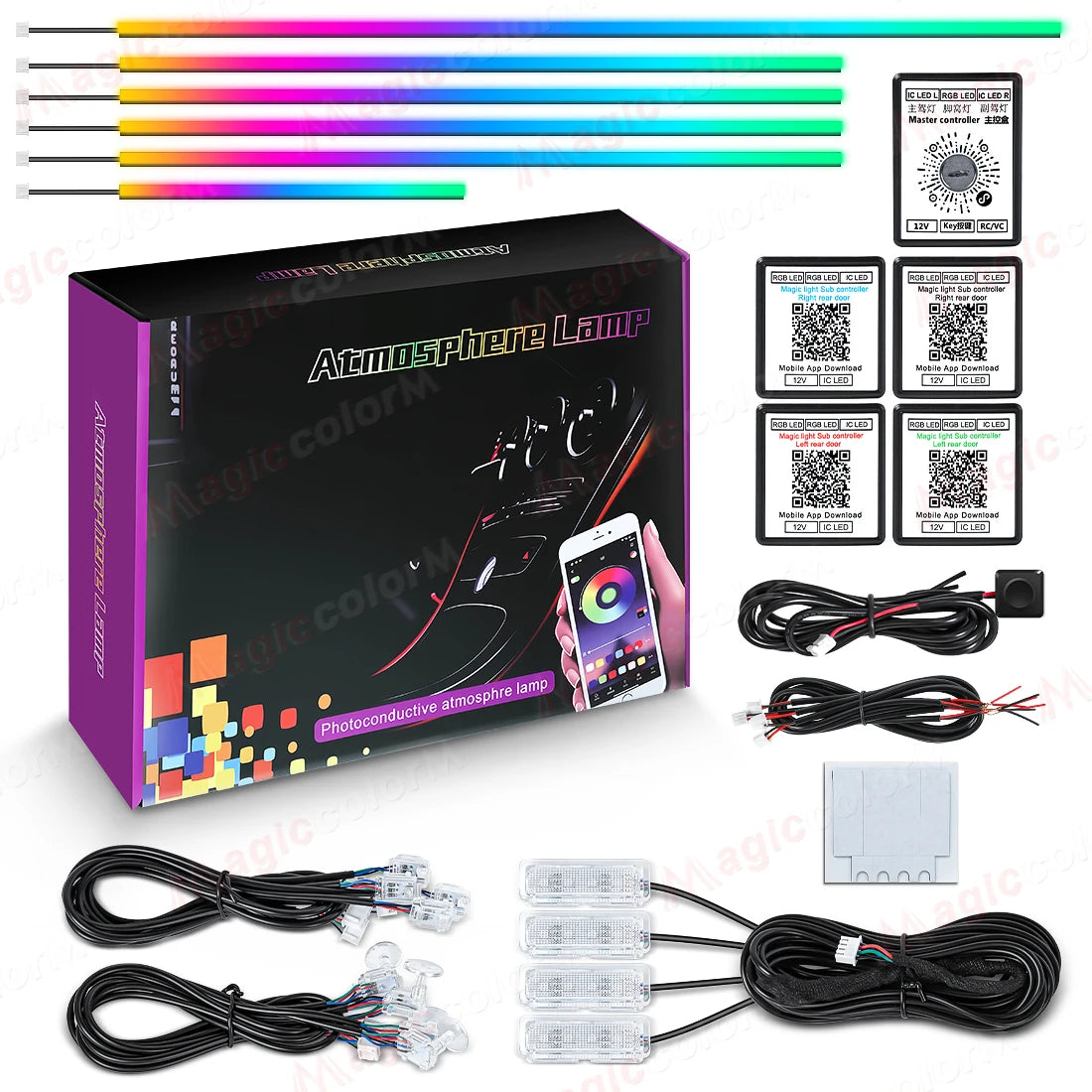 18-in-1 RGB Car Ambient Light Kit – 64 Colors, Bluetooth App Control, Symphony Streamer Interior LED Strips
