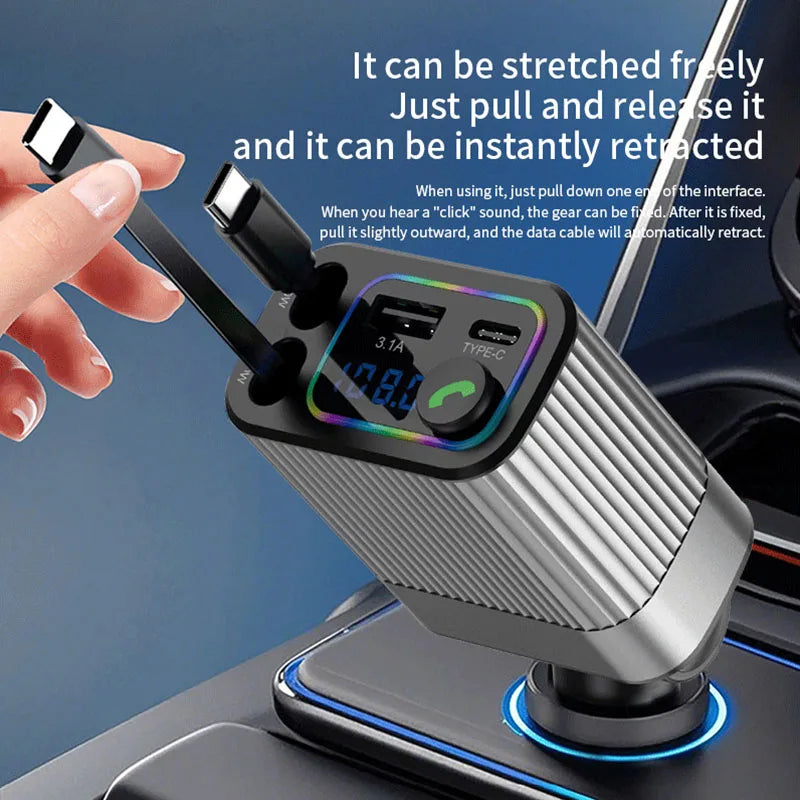 Car Bluetooth 5.3 FM Transmitter | Dual Type-C Fast Charge, Handsfree Calling & Ambient Light
