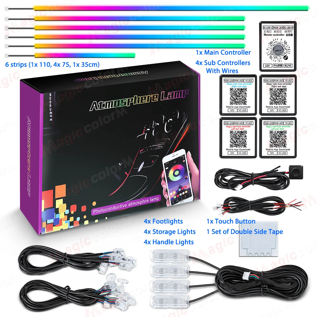 18-in-1 RGB Car Ambient Light Kit – 64 Colors, Bluetooth App Control, Symphony Streamer Interior LED Strips